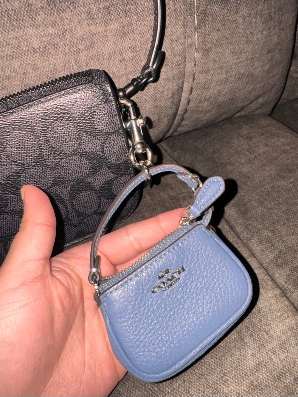 Coach Black Signature Crossbody Bag with Light Blue Charm